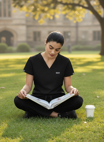 بدلة طبية كلاسيكية ببنطال مستقيم - (أسود) (نسائي)