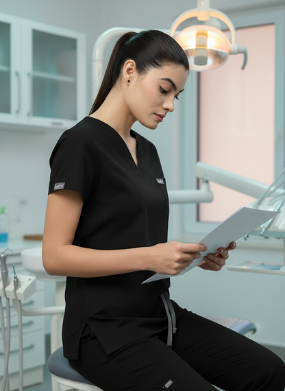 بدلة طبية كلاسيكية ببنطال مستقيم - (أسود) (نسائي)