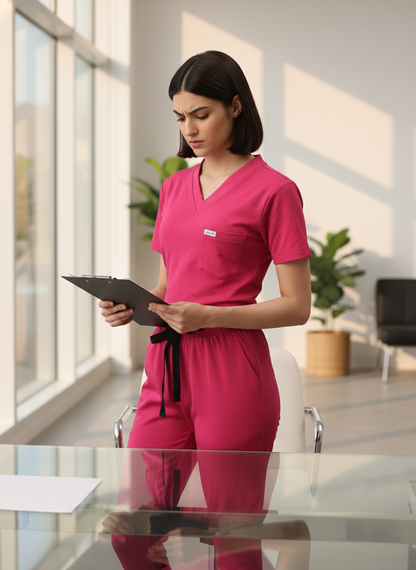 MedFa Dri-Fit Jogger Scrubs Suit-(Womens) (Shocking Pink)