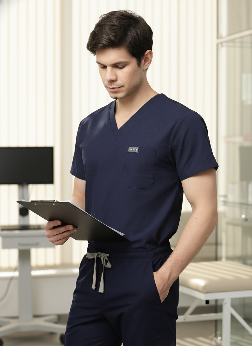 بدلة طبية كلاسيكية ببنطال مستقيم - (أزرق داكن) (رجالي)