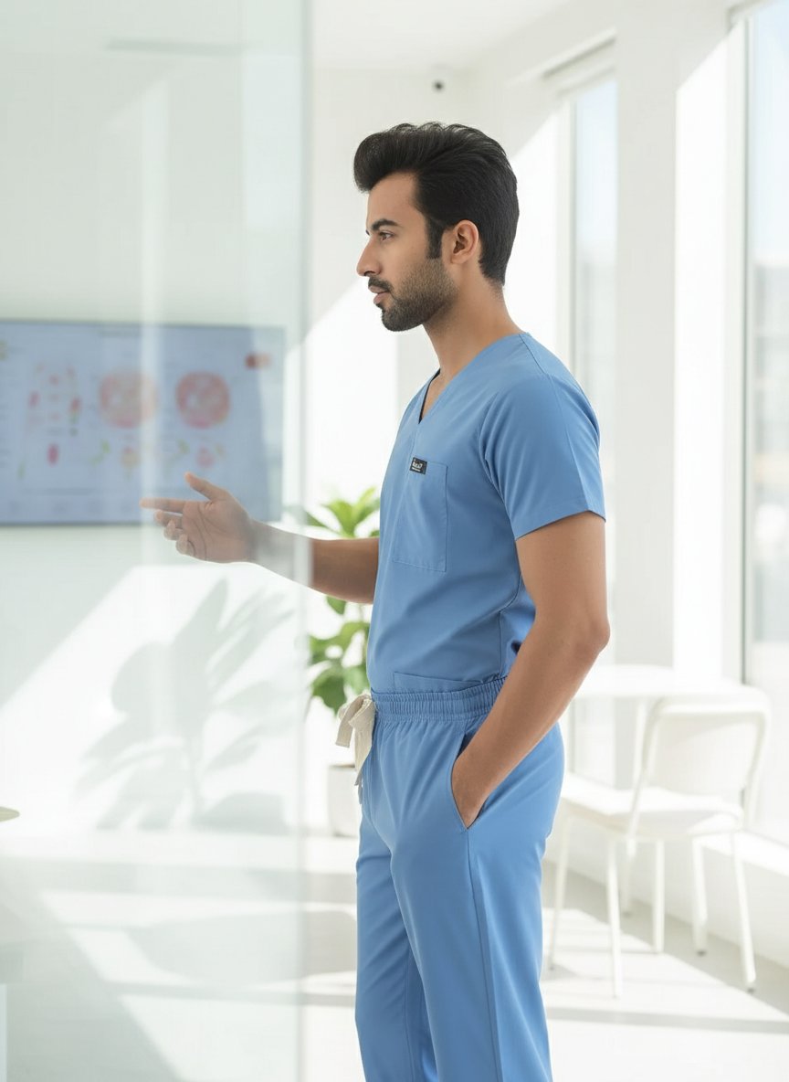 بدلة طبية أساسية - (أزرق سماوي) (رجالي)