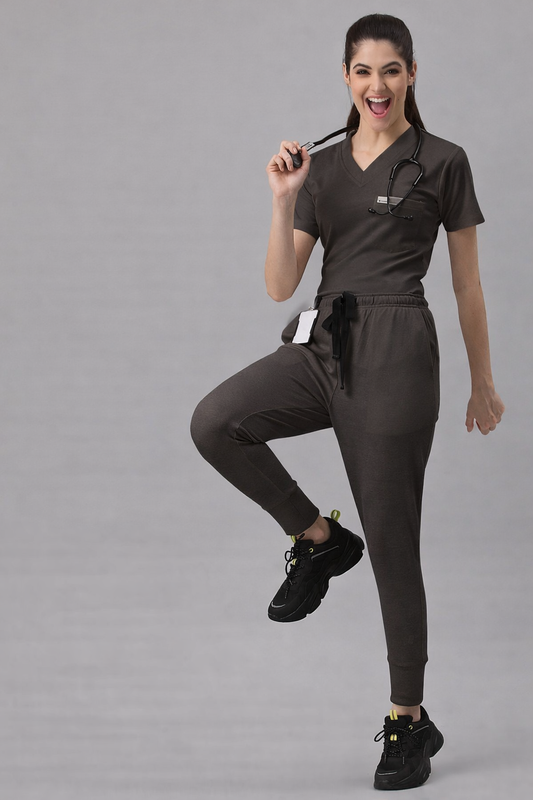 MedFa Dri-Fit Jogger Scrubs Suit-(Womens) (Dark Brown)
