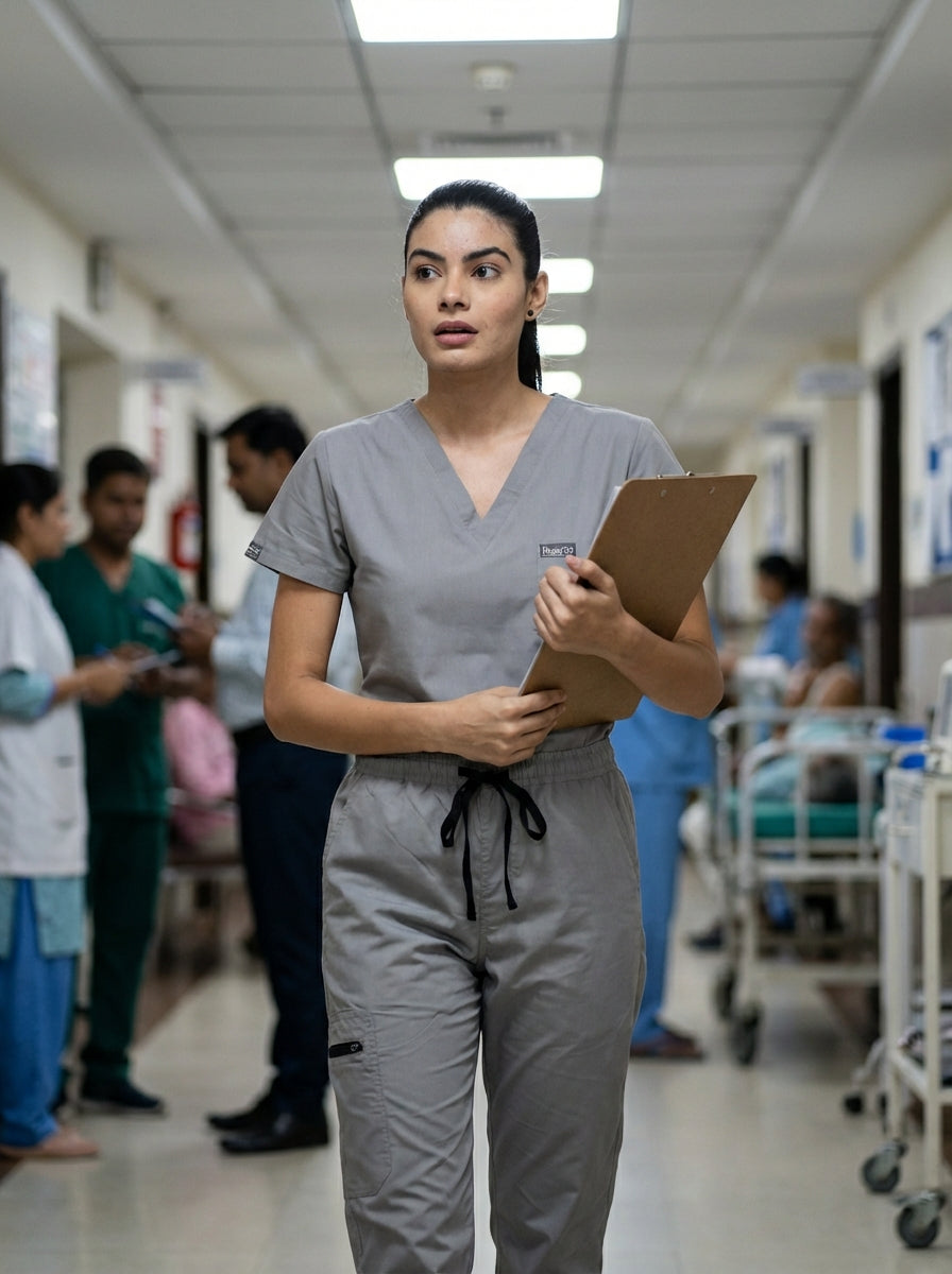 بدلة طبية كلاسيكية ببنطال مستقيم - (رمادي داكن) (نسائية)